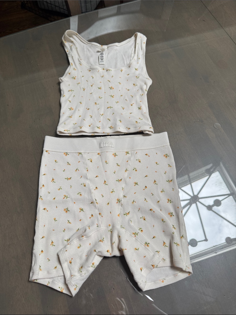 SKIMS White Floral Ribbed Tank & Bike Short Pajama set